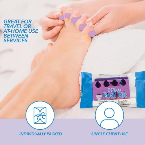 ForPro 5-Piece Pedi Kit, 100-Count, Individually-Packed Pedicure Set, Purple Pumice Pad, Wood Nail File 80/100 Grit, Mini Buffer 80/100 Grit, Wood Stick, Toe Separators