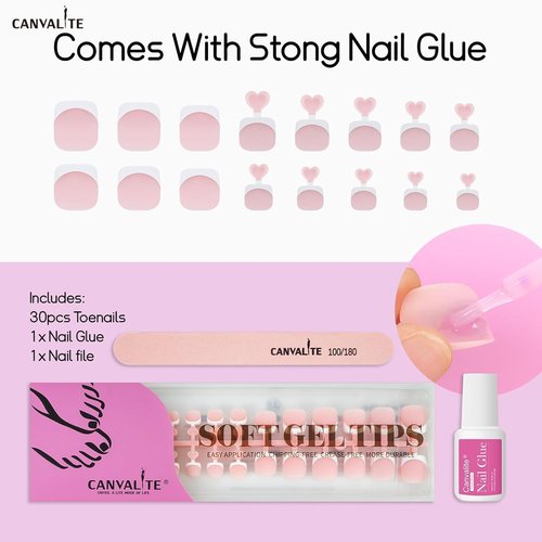 Canvalite Press on Toenails for Women, Big Toe Nail Press ons French Tip Fake Toenails with Glue, Reusable Home DIY Pedicure Set, 16 Sizes