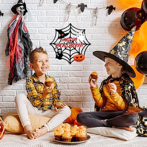 Halloween Spider Web Hanging Decor with Ghost Pumpkin Skull Bats - Wooden Front Door Wreath