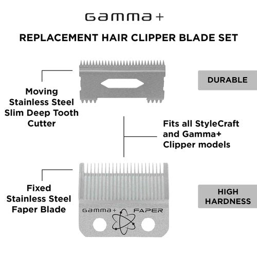 GAMMA+ Replacement Fixed Stainless Steel Faper Hair Clipper Blade with Moving Stainless Steel Slim Deep Tooth Cutter Set
