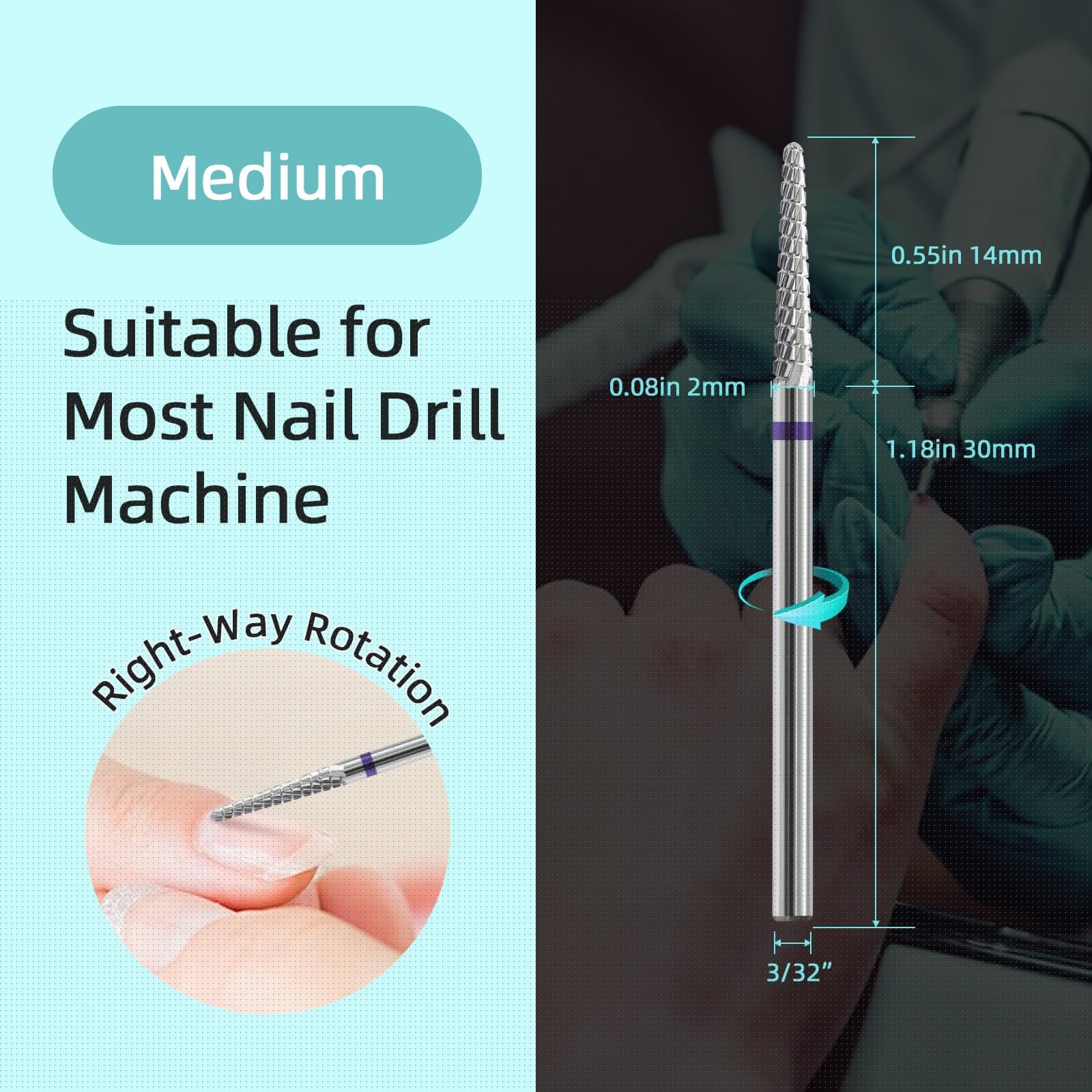HYTOOS Small Cone Cuticle Clean Nail Drill Bits, 3/32" 2mm Conical Carbide Nail Bit, Professional Safety Under Nails Cleaner for Cuticle Dead Skin, Electric Manicure Accessories, Medium