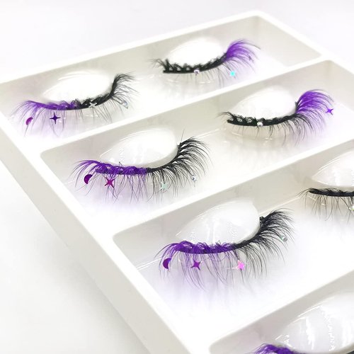 FQNing Glitter Eyelashes Sequins Moon Star Rhinestone Purple Color Lash Wispy 4 pairs for Ball, Dance, Party, Games (Purple Moon&Star)