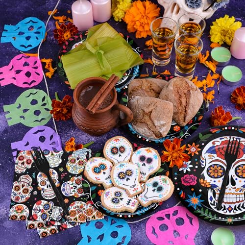Day of the Dead Disposable Tableware Set - Mexican Sugar Skull Pattern for Fiesta & Celebrations - Serves 24