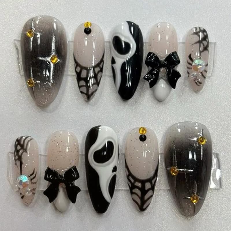 Halloween Press-On Nails 24Pcs - Medium Almond Spider Web Ghost Design - Variation 08