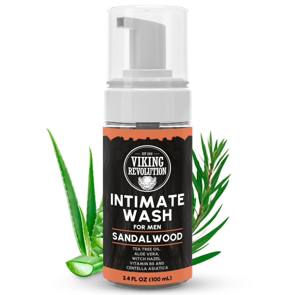 Viking Revolution Mens Intimate Wash - Foaming Body Wash Men with Aloe Vera, Tea Tree Oil, Witch Hazel - Cleaning, Refreshing Soap for Mens Hygiene Essentials - Stocking Stuffers for Men (3.4 fl oz)