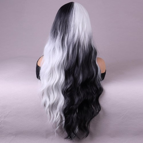BERON Black White Wig Long Wavy Split Wigs for Women Long Curly Black White Wig for Party Halloween or Cosplay