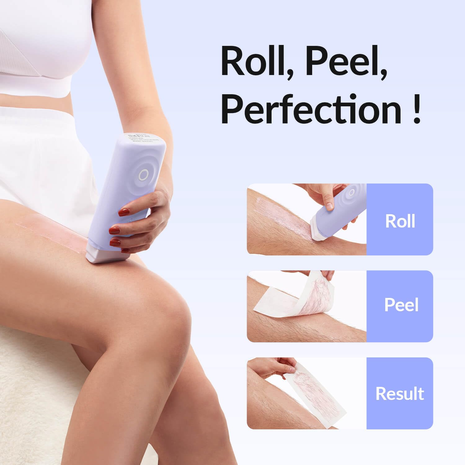 Waxfans Smart Wax Roller Kit, Roll On Wax Kit for Women & Men, Cera Para Depilar at Home Waxing Kit for Body and Legs Hair Removal, with 2 Wax Refills (Levender) & 50 Wax Strips, Easy & Smooth, Purple