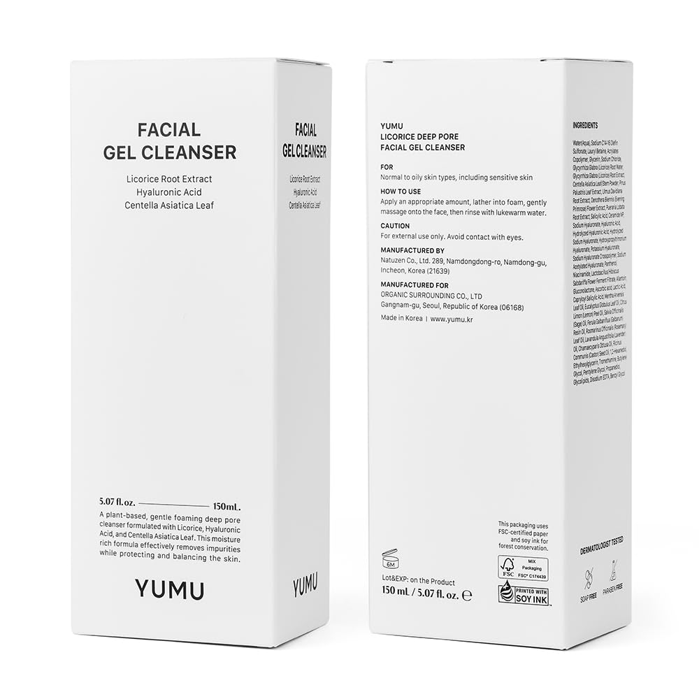 YUMU Licorice Deep Pore Facial Cleanser, for Double Cleansing, Centella Asiatica + Ceramide NP + Glycerin, Hydrating Gel Cleanser, Blackhead Remover, Korean Skincare (150ml/5.07 fl.oz.)