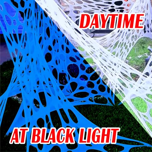 Giant Outdoor Spider Web Decoration Kit - 1400 Sqft Glow-in-The-Dark Blue Web with Blacklights - Halloween Decor, Reusable and Easy to Install - White Variation