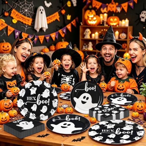 Halloween Paper Plates and Napkins Set - Ghost Design Party Supplies, 180 Pieces