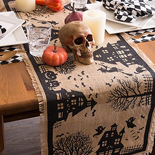 Halloween Primitive Burlap Table Runner - Spooky Haunted House Decor 14x113 - Black & Tan