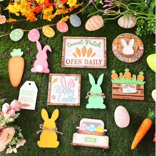Easter Tiered Tray Decorations Bunny Carrot Wooden Set Farmhouse Holiday Decor - 15 Pieces
