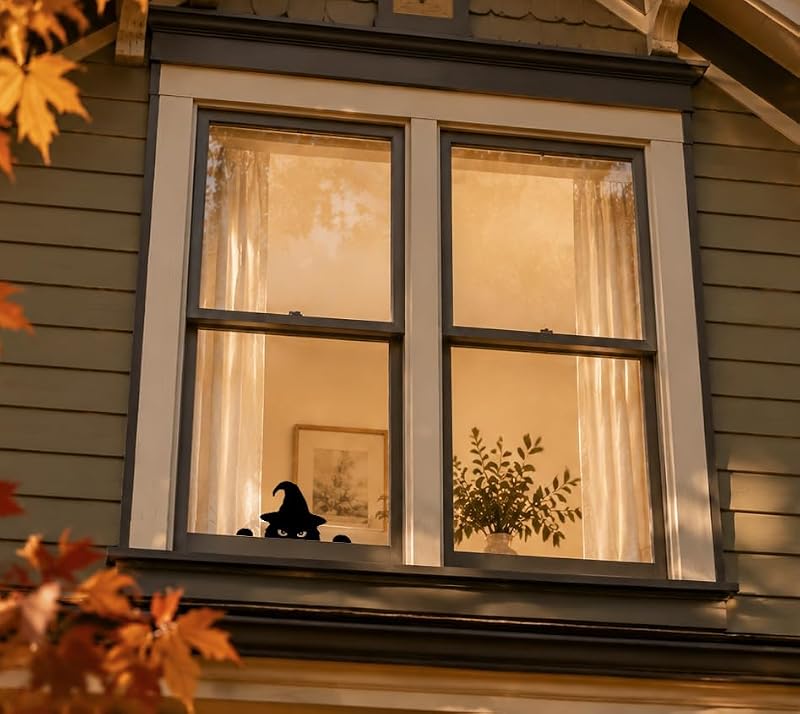 Peeking Black Cat Halloween Window Decoration - Witch Hat & Sign, Small Spooky Home Decor