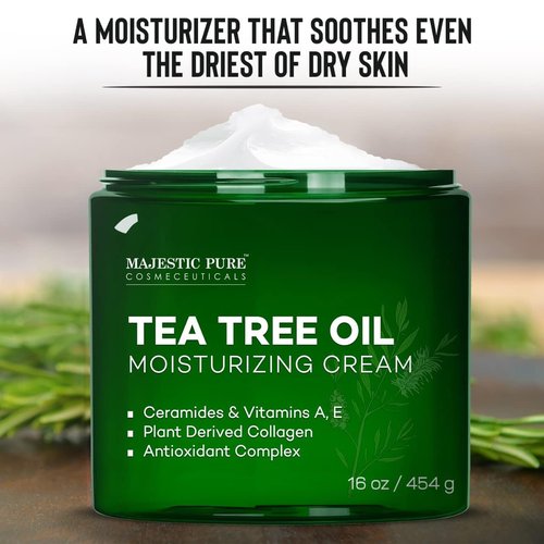 Majestic Pure Tea Tree Oil Moisturizing Cream - Hydrating Body, Foot & Face Lotion - With Ceramides, Vitamins A, E & Vegan Collagen - 16 oz for All Skin Types
