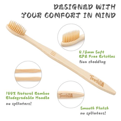 Tooth HaHa Bamboo Toothbrushes for Adults, BPA-Free Soft Tapered Bristles, Eco-Friendly Natural Organic Wooden Toothbrush, 10-Count Toothbrushes Travel Set
