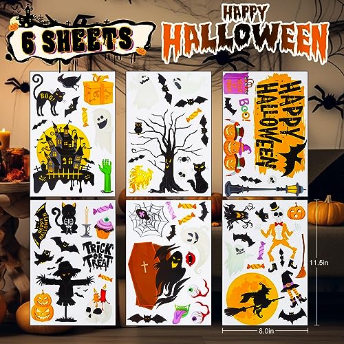 Halloween Window Clings 6 Sheets - Colorful Ghost Spider Witch Haunted House Decorations