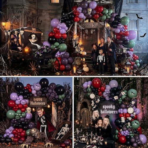 Halloween Balloon Arch Kit - Sage Green Purple Red with Bat Stickers - Variation of Green Purple Red Halloween
