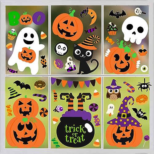 Halloween Window Clings Set - 6 Sheets with Pumpkin Ghost & Spooky Stickers