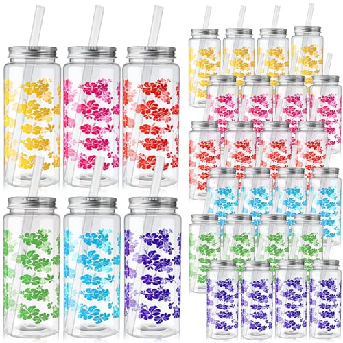 Hawaiian Hibiscus Party Cups with Lids and Straws – 30 Count, 13.5 oz Plastic Tumblers for Weddings and Celebrations