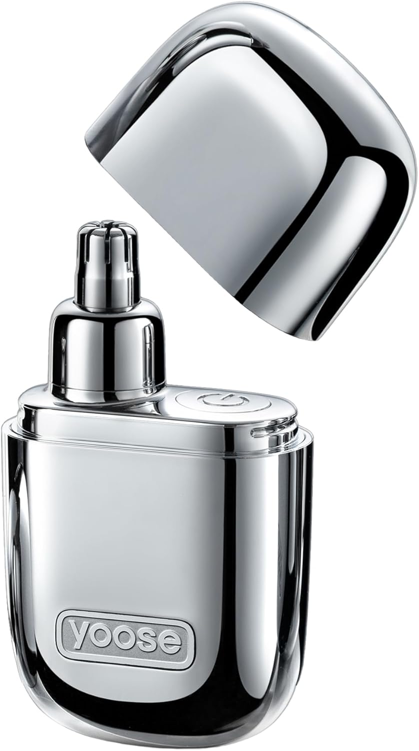Yoose Nose Hair Trimmer - Rechargeable & Waterproof, Painless Dual Edged Blades, Portable Silver Design