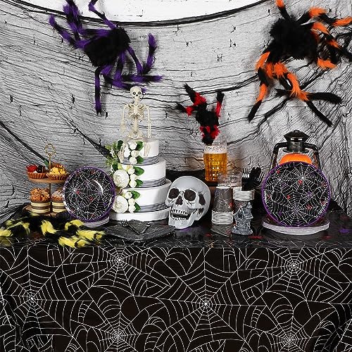 Halloween Spider Web Plastic Tablecloth 54x108 Inch Waterproof Disposable Black - 3 Pack