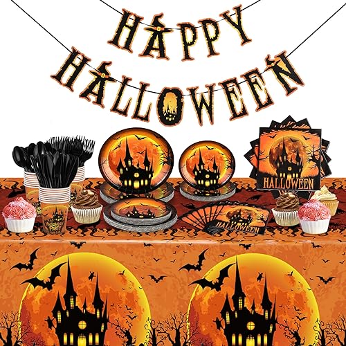 Halloween Castle Party Supplies Set for 24 Guests - Disposable Dinnerware & Decorations
