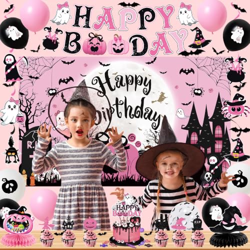Pink Black Halloween Birthday Decorations Set - Kids Party Supplies with Banners, Balloons & Toppers (Variation: Black Pink)