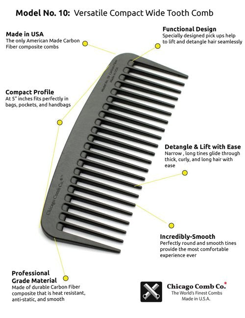 Chicago Comb Model 10 Carbon Fiber + Black Horween Leather Sheath, Wide Tooth, Made in USA