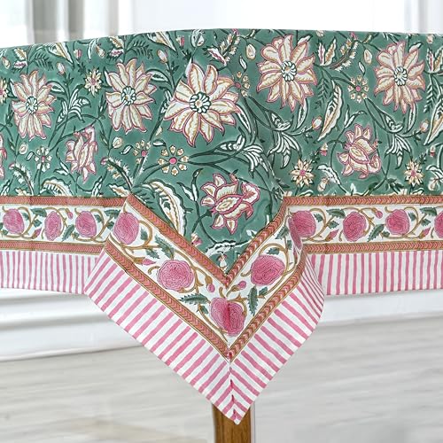 Viridian Green Hand Block Print Cotton Tablecloth 190x72 Inch - Rustic & Elegant Dining Cover
