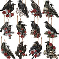 Halloween Crow Wooden Hanging Ornaments - Spooky Gothic Decor Set of 24 - Black & White