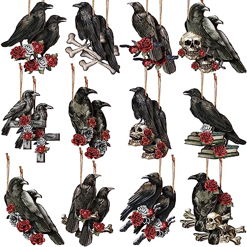 Halloween Crow Wooden Hanging Ornaments - Spooky Gothic Decor Set of 24 - Black & White