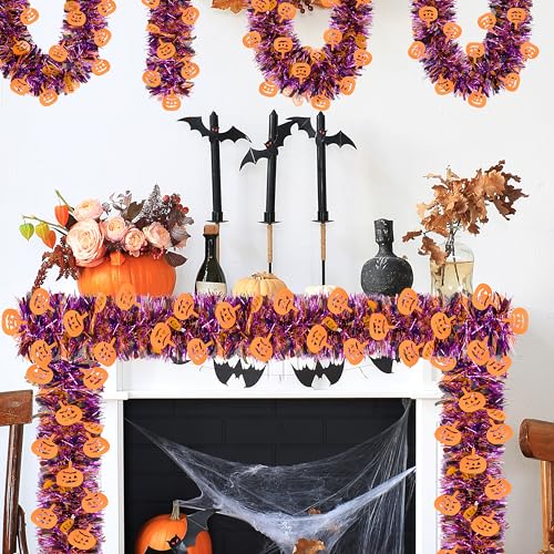 Halloween Tinsel Garland 66 Ft - Purple Black & Orange Glitter Streamers for Party & Home Decor