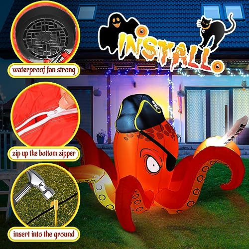 Halloween Inflatable Octopus Pirate Lighted Decor - 7.2 ft Spooky Yard Decoration
