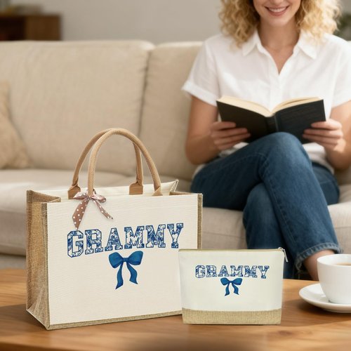 Grammy Gifts, Grammy Birthday Gifts, Grammies Tote Bag, Gift for Women Grammies Grandma, Christmas Retirement Gift from Granddaughter Grandson, Reusable Blue Bow Floral Tote Bag and Makeup Bags