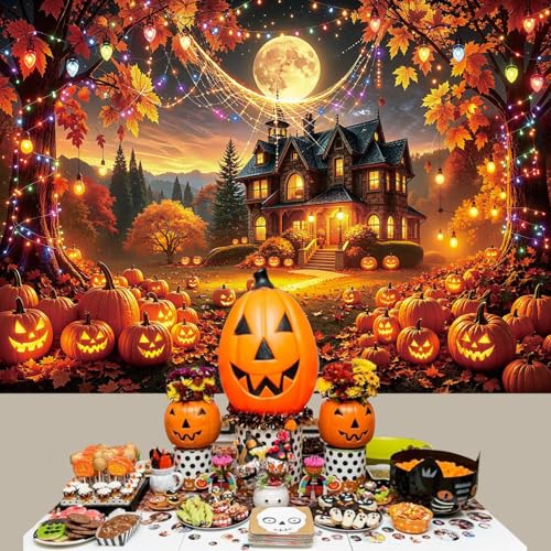 Halloween Fall Banner Backdrop 7x5FT Spooky Haunted House Pumpkin Moon Scene