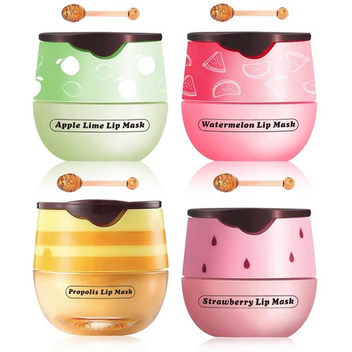 4 Packs Fruit Mask Lip Balm Honey Pot, Vitamin E Lip Masks & Moisturizing Propolis Sleeping Lip Mask, Effective Reduces Lip Lines Prevention Dry Lip Care