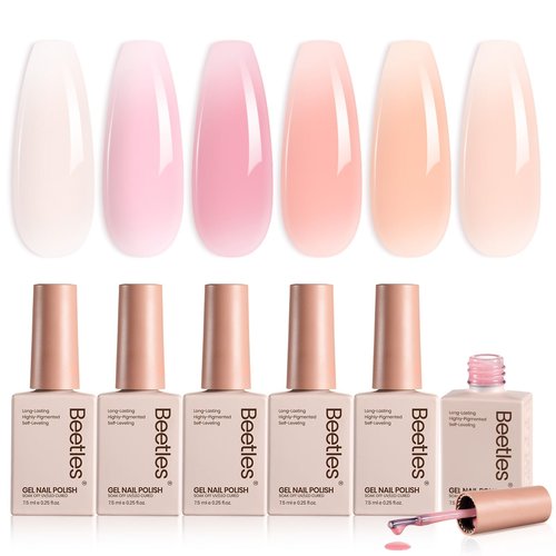 Beetles Jelly Gel Nail Polish Set - Ballet Dress Jelly Gel Polish, 6 Colors Milky Pink Nude Pink Sheer Gel Nail Kit Transparent Effect Soak Off UV DIY Manicure French Nail Art Gifts for Women