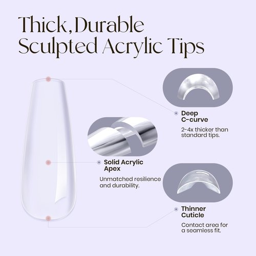Five Angeles Tipex Instant Apex Nail Tips – Pre-Etched Acrylic Hard Gel Tips Kit for Flat Nails, Long Coffin Deep C Curve, Full Cover Press-On Nails for Beginners, UV Glue & LED Lamp Set
