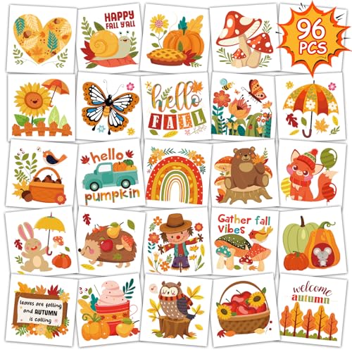 Kids Fall Temporary Tattoos Set - 96 Leaves, Animals, Pumpkins & Harvest Designs