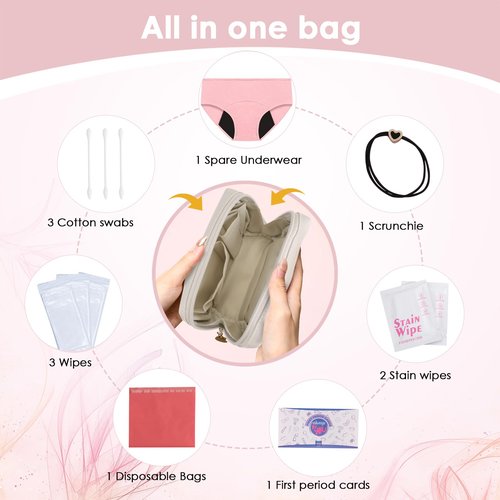 Sanguanlun First Period Kit for Girls 9-12,Thoughtful First Period Gift,Tween Period Starter Kit with Spare Underwear, Wipes,Period Knowledge Cards and More. (Milk apricot white)