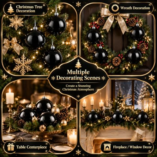 Large Black Christmas Ornaments Balls - 6 Inches Holiday Tree Decor - Set of 6