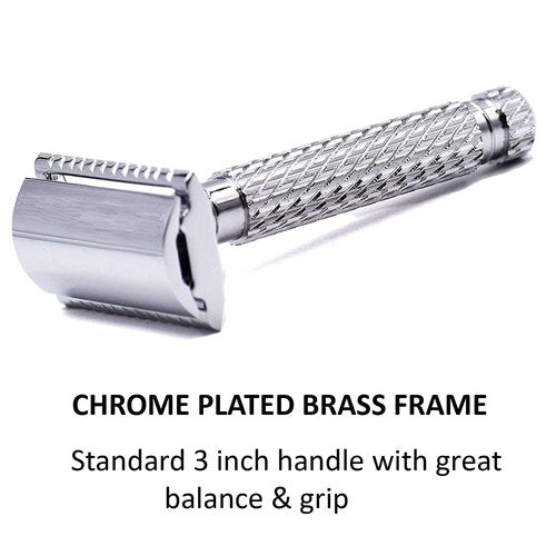 Parker 94R Double-Edge Safety Razor - Chrome-Plated Brass, Standard-Length Handle + 5 Premium Blades for Classic Wet Shaving