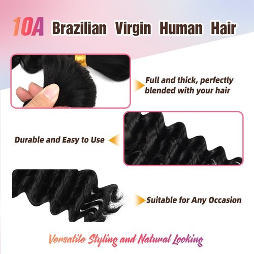 Human Braiding Hair, 2 Bundle 100g 14 Inch Boho Braids Human Hair 10A Deep Wave Bulk Brazilian Virgin No Weft Wavy Hair Extensions for Boho Bohemian Micro Braid Bulk for Braiding Natural Black