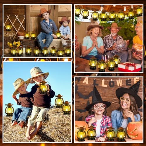 Mini Cowboy Lantern Decorations Set with LED Candles for Christmas & Party Table Centerpieces