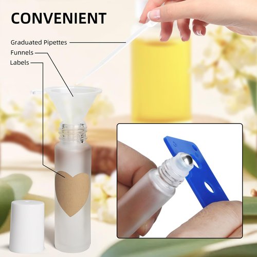 AGZHTYJQ 10ML Glass Essential Oil Roller Bottles,24 Pack Clear Frosted Oil Roller Bottles for Essential Oils, refillable rollerball bottle(24 Labels, Opener, Funnel, Dropper Included)