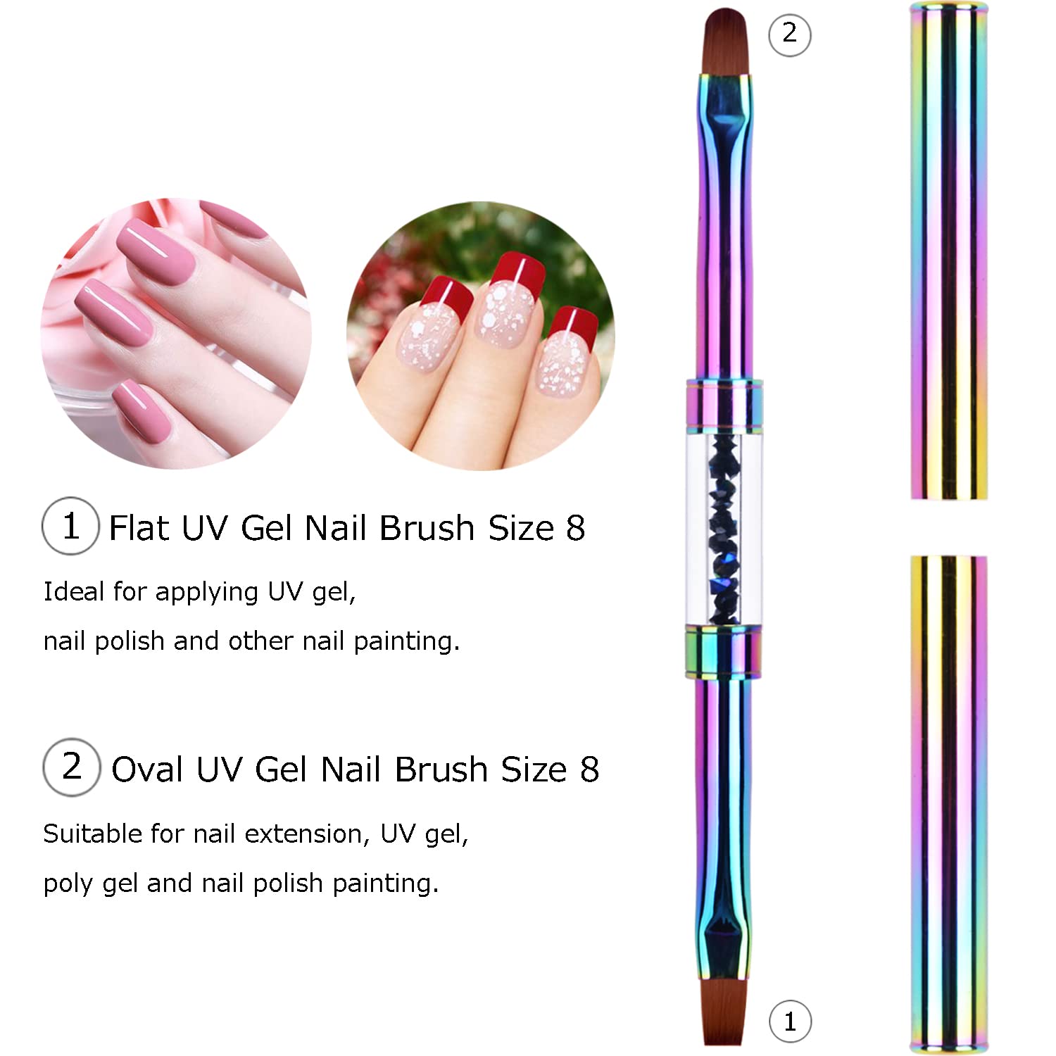 Ycyan 2Pcs Dual-ended UV Builder Gel Nail Brush Set Rhinestone Handle Nail Art Liner Brush Polygel Hard Gel Nail Brushes