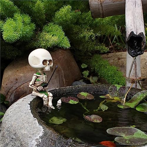Mini Skeleton Fishing Garden Statue - White Resin Home Decor Sculpture
