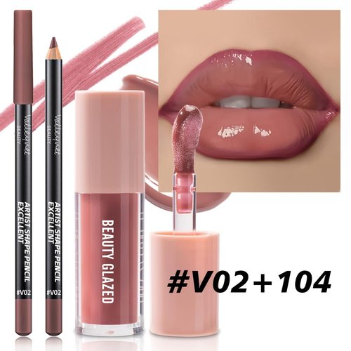 Beauty Glazed Lip Gloss & Lip Liner Set - Rosewood Nude | Achieve Fuller, High-Shine Lips
