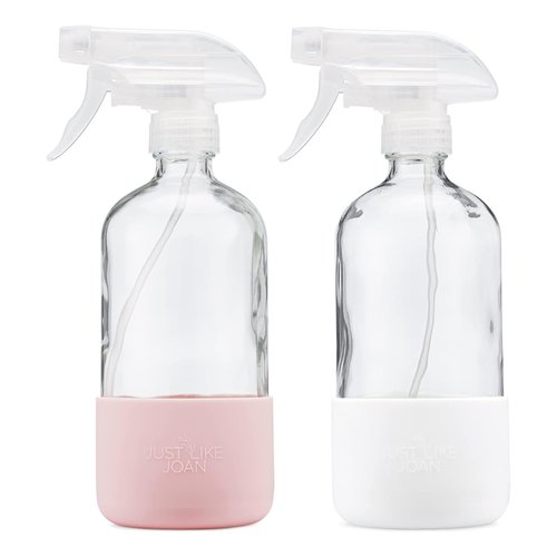 Just Like Joan Clear Glass Spray Bottle with Silicone Sleeve for Cleaning Solutions, Essential Oils, Plants, Vinegar - 16 oz, Refillable, Food Safe (2-PACK: Blush Pink & Pure White)