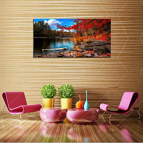 Canvas Wall Art Lake Mountain Red Maple Leaf 56x28 Inch Home Decor